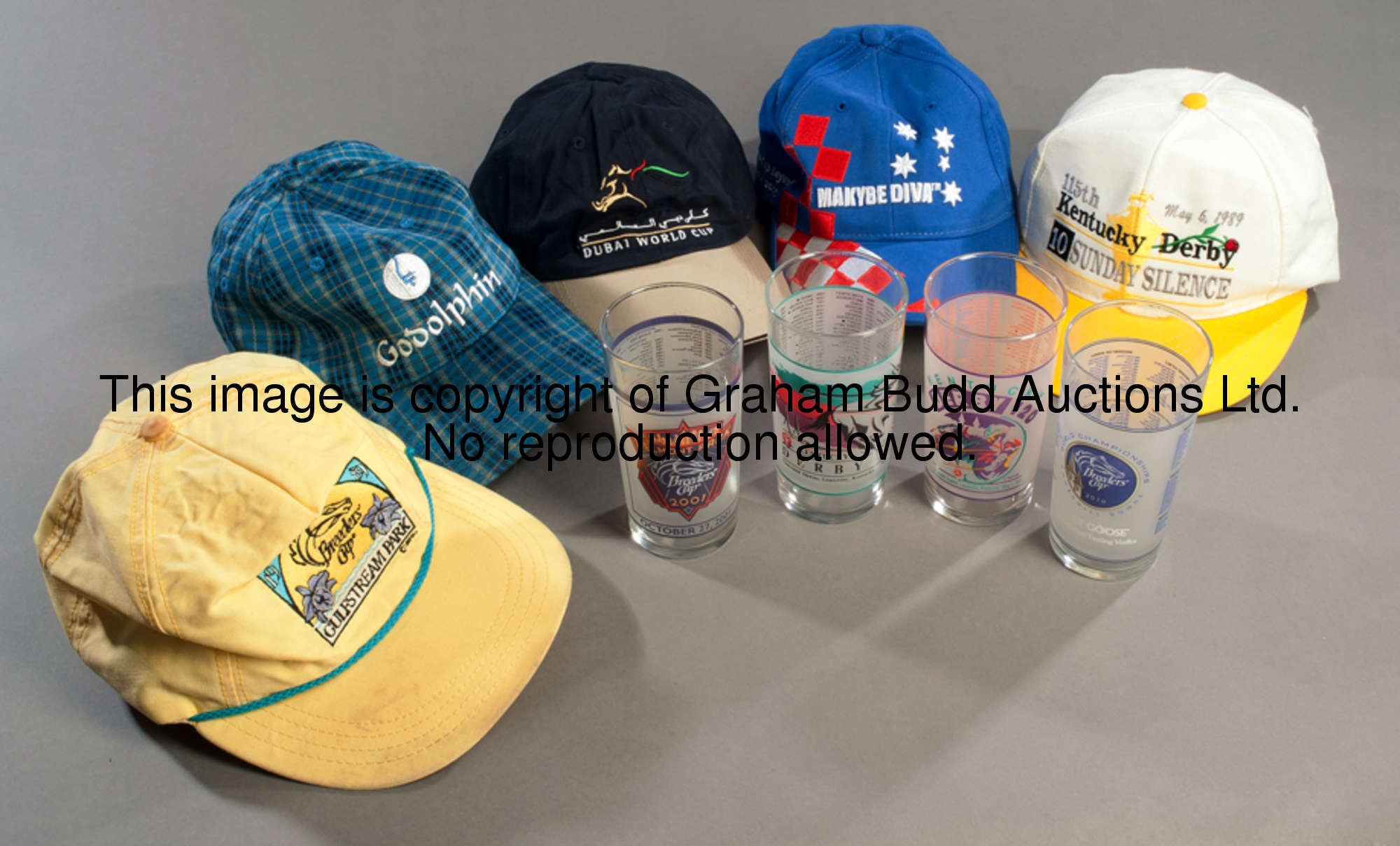 Souvenir racing glasses and baseball caps, glasses comprising: Breeders' Cup for 1989, 1993 (x2), 19...