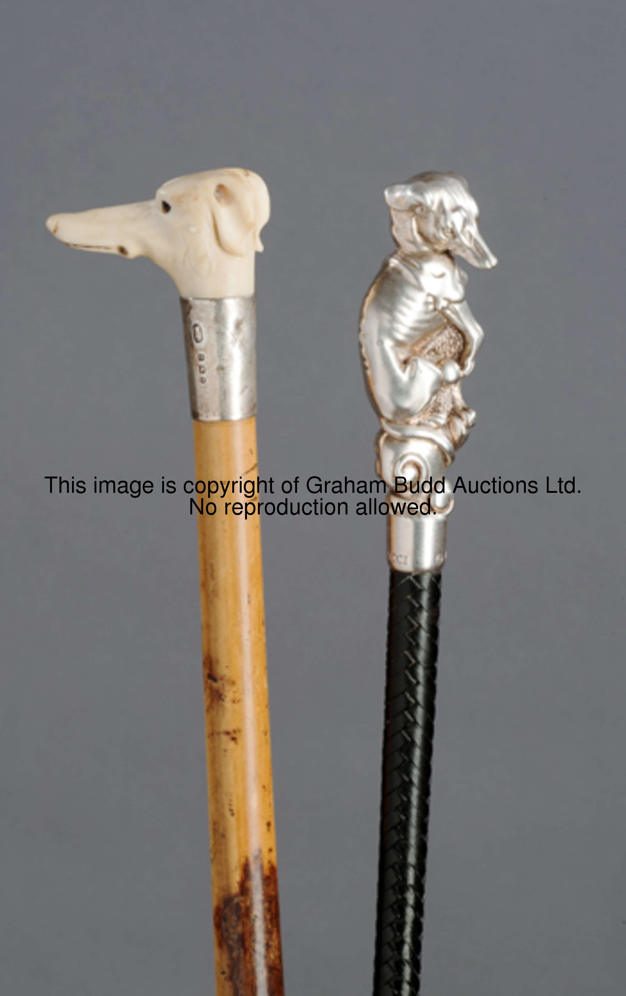 Two silver-mounted whips featuring greyhounds, the first retailed by Gucci with a silver handle mode...