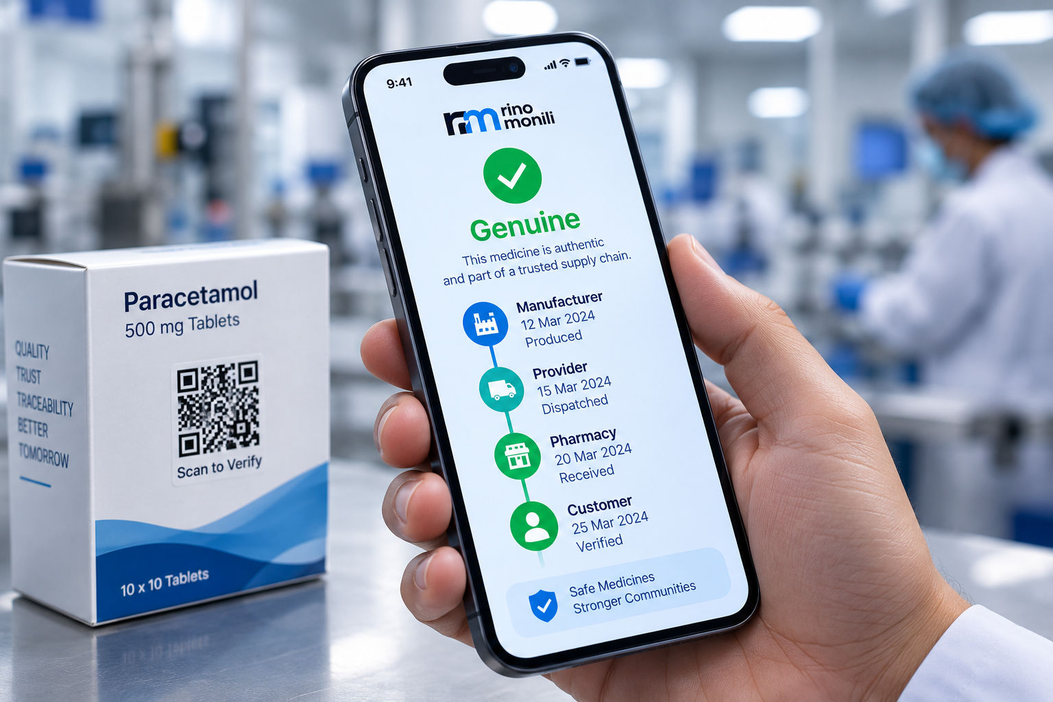 Smartphone showing a medicine verification page with the product marked genuine and a custody timeline listing each handoff from manufacturer through provider to pharmacy