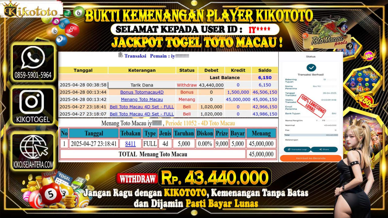 JACKPOT DI TOGEL PASARAN TOTO MACAU SEBESAR Rp 43.440,000 LANGSUNG DAN TANPA BASA BASI DI BAYAR KIKOTOTO !!!