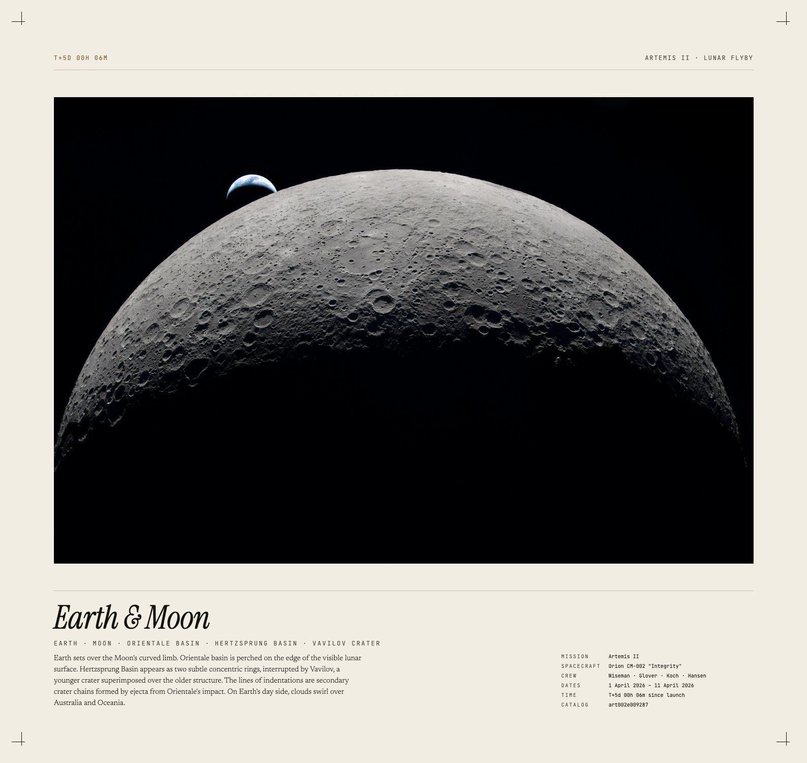 A poster of the earth and moon. At the top left it says "T+5D 00H 06M" representing how long time since mission launch. At the bottom is a description of the image and details: "Earth sets over the Moon's curved limb. Orientale basin is perched on the edge of the visible lunar surface. Hertzsprung Basin appears as two subtle concentric rings, interrupted by Vavilov, a younger crater superimposed over the older structure. The lines of indentations are secondary crater chains formed by ejecta from Orientale's impact. On Earth's day side, clouds swirl over Australia and Oceania."
