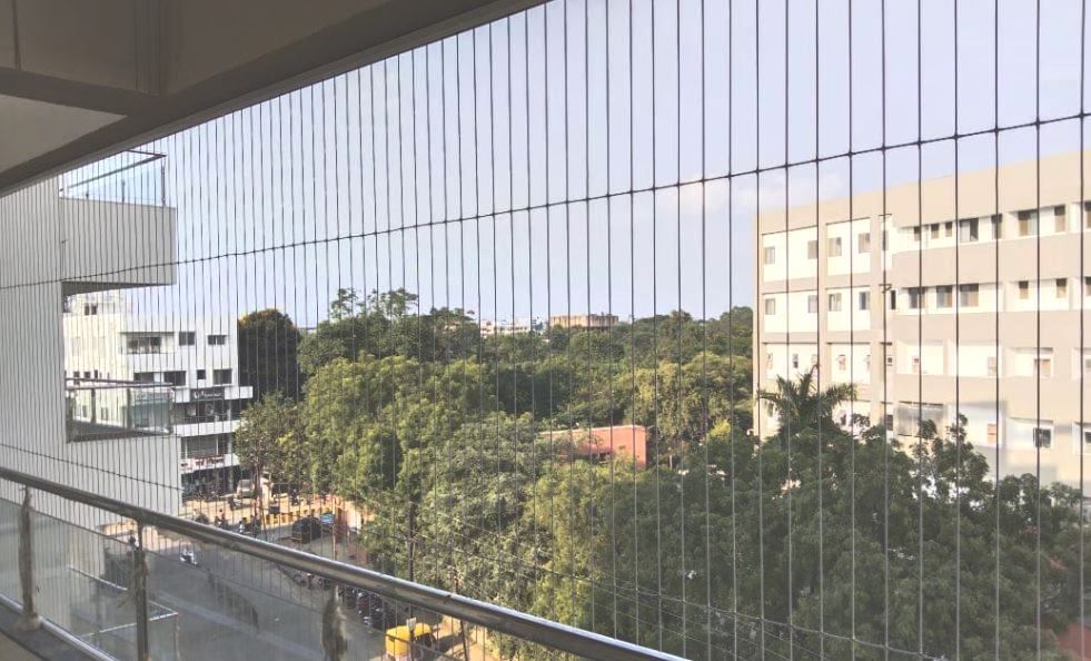 Balcony steel wire grill close-up