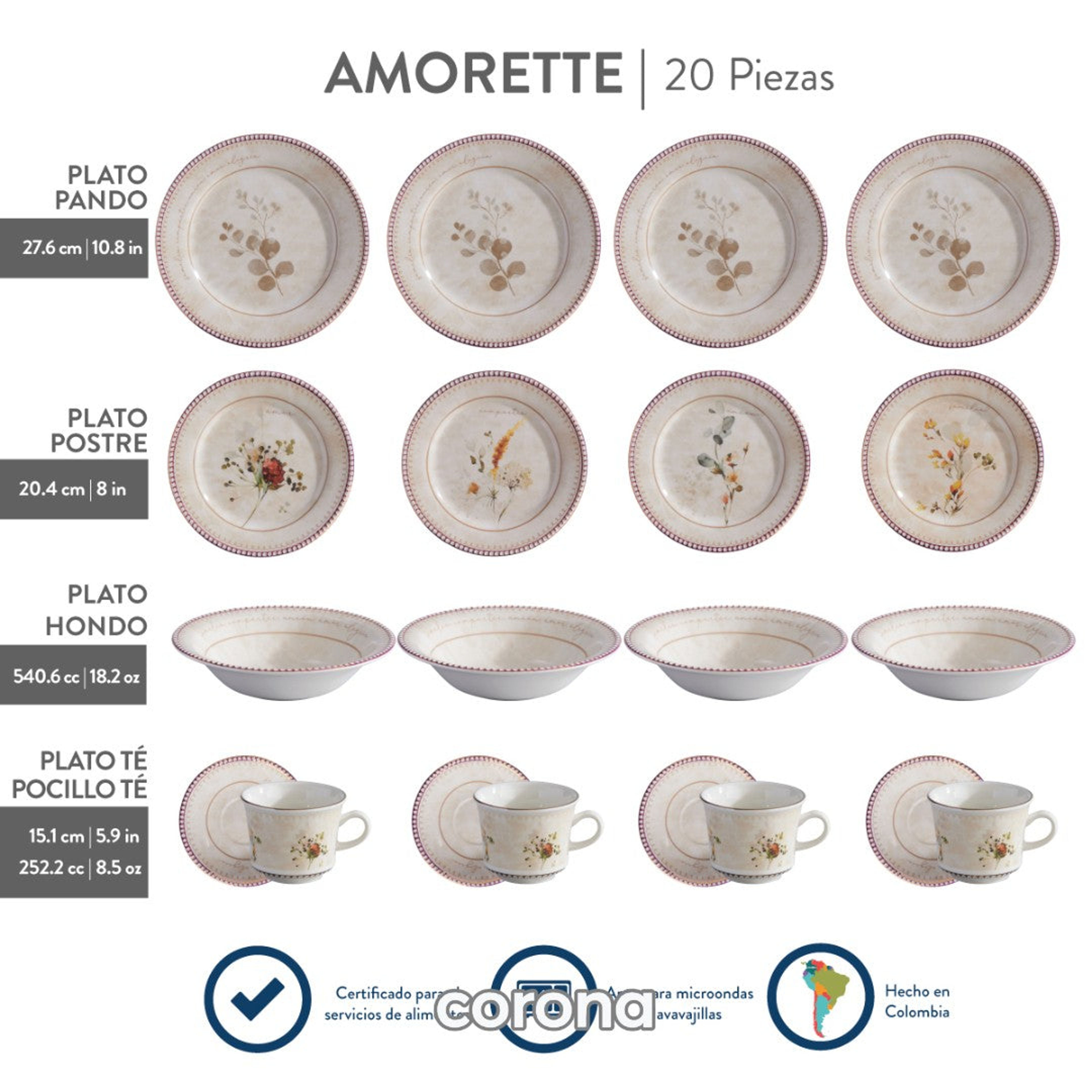 Vajilla Corona Amorette 4 Puestos / 20 Piezas