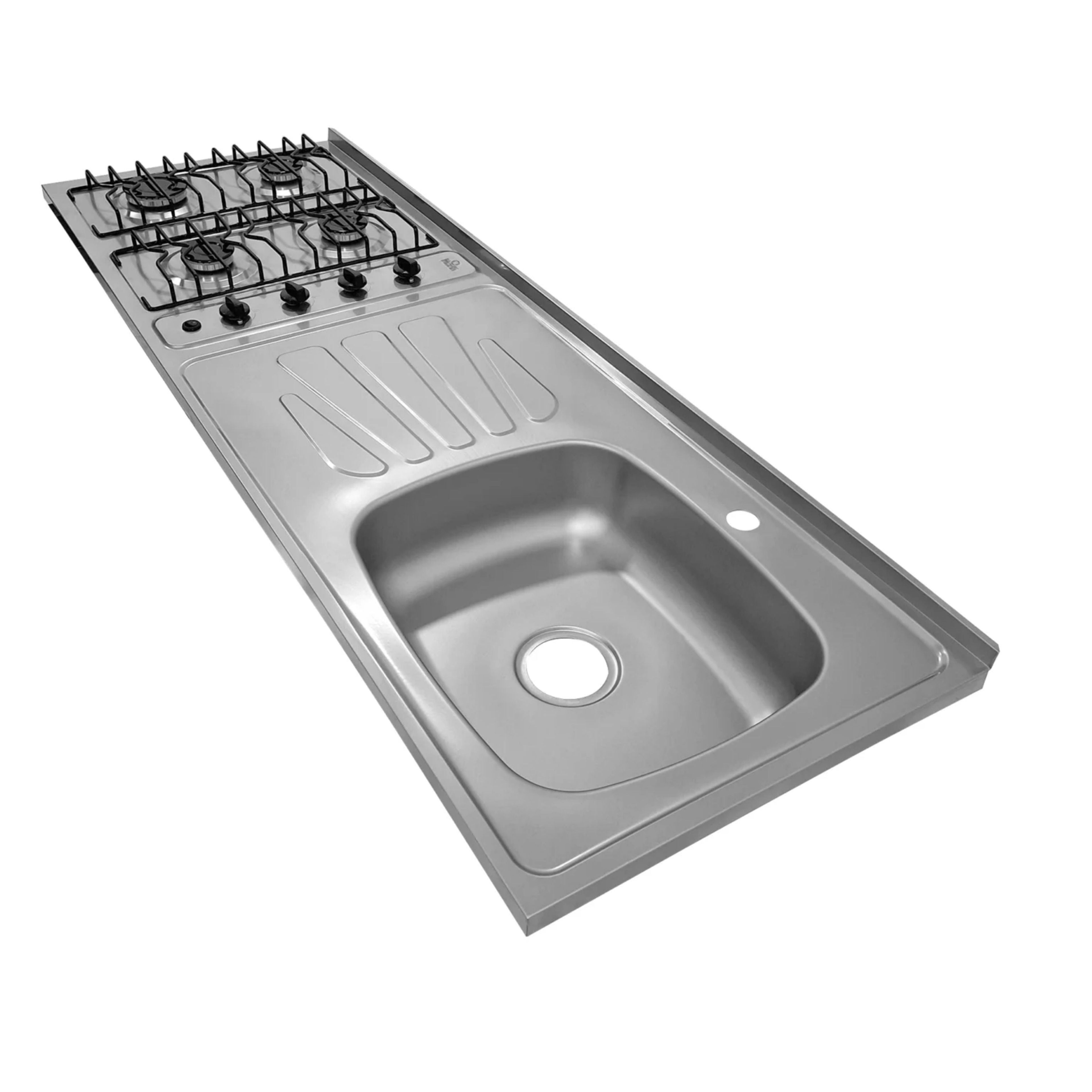 Mesón en Acero Inoxidable Poceta Derecha Monocontrol 150X50 con Estufa 4 Puestos