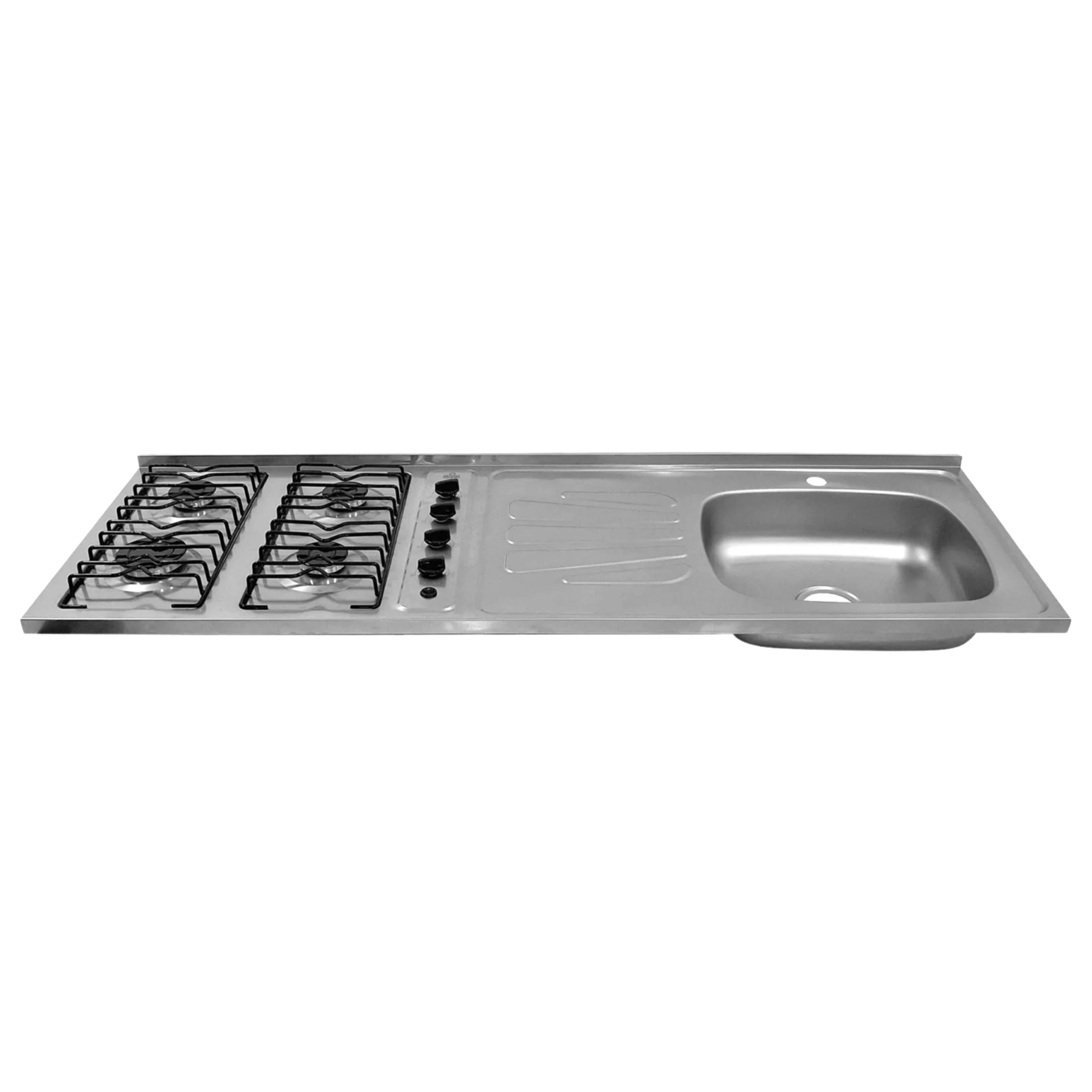 Mesón en Acero Inoxidable Poceta Derecha Monocontrol 150X50 con Estufa 4 Puestos