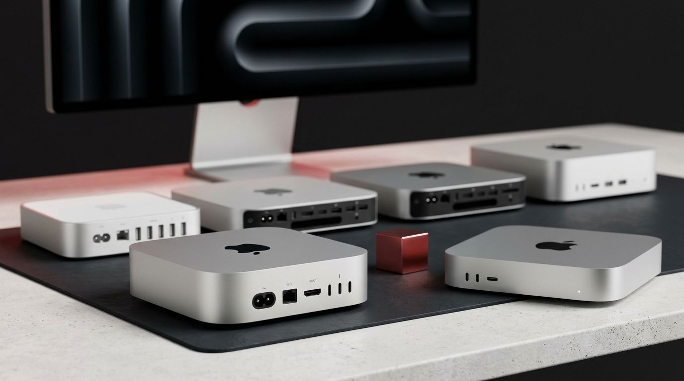 Current and previous-generation compact desktop computers compared on a desk