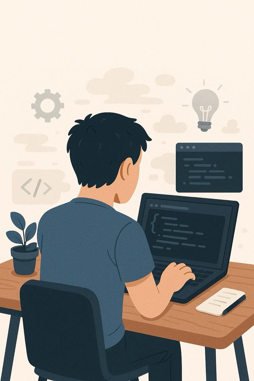 Creative app development workspace with code, design tools and innovative solutions