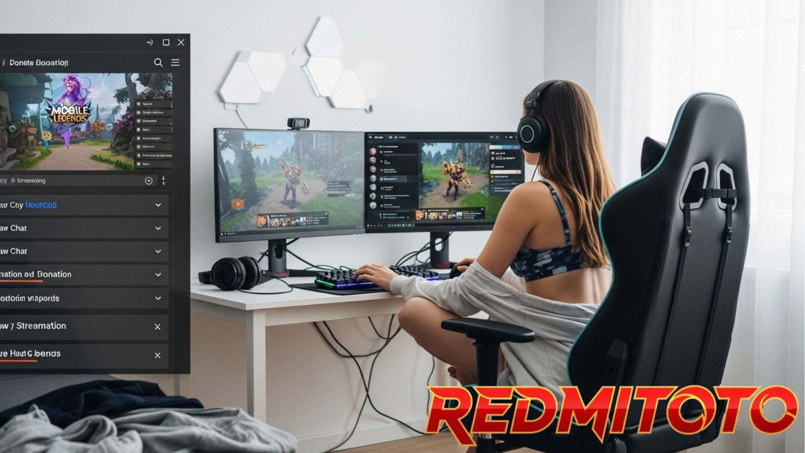 Seorang gamer wanita sedang bermain game di depan monitor, dengan pencahayaan khas setup gaming.