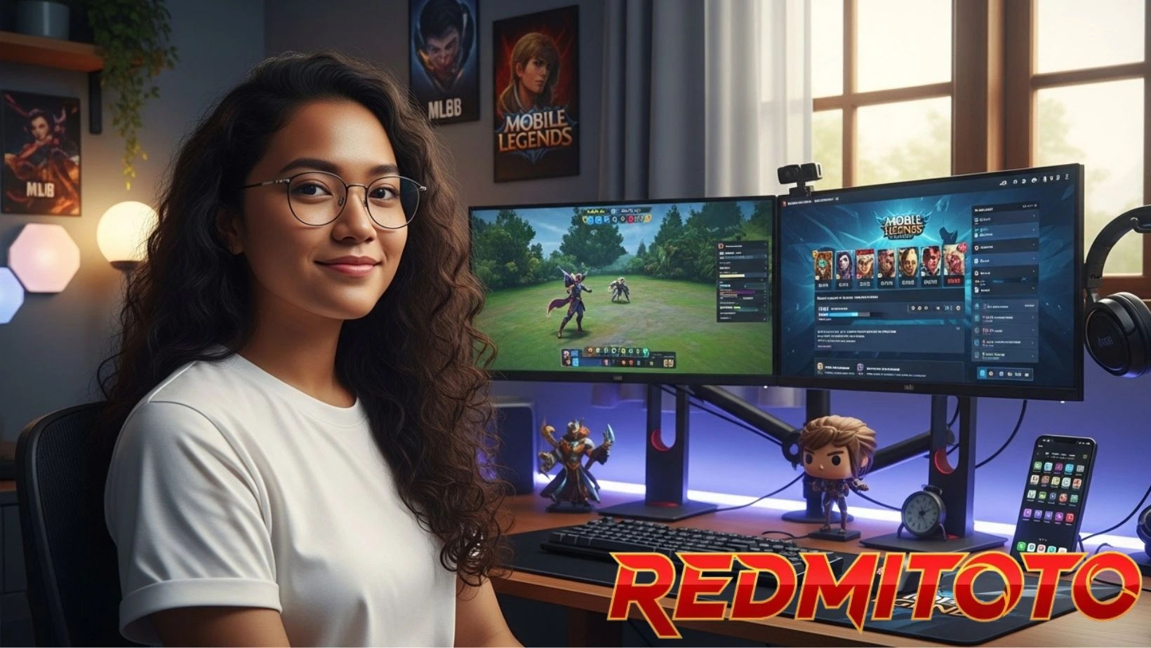 Seorang wanita fokus bermain Mobile Legends dengan gear gaming