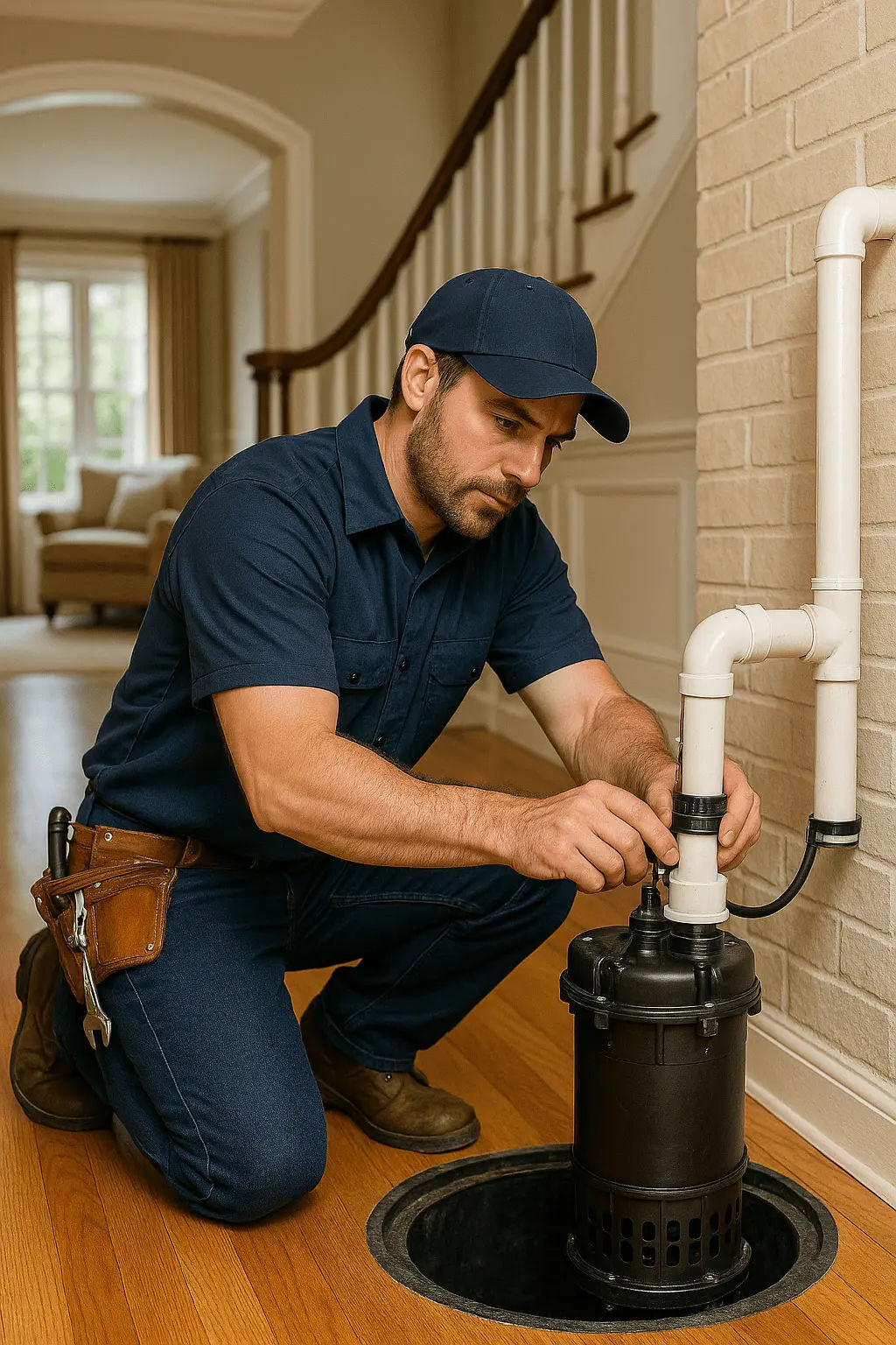 Cincinnati Sump Pump Pros team working on a sump pump in a Cincinnati home