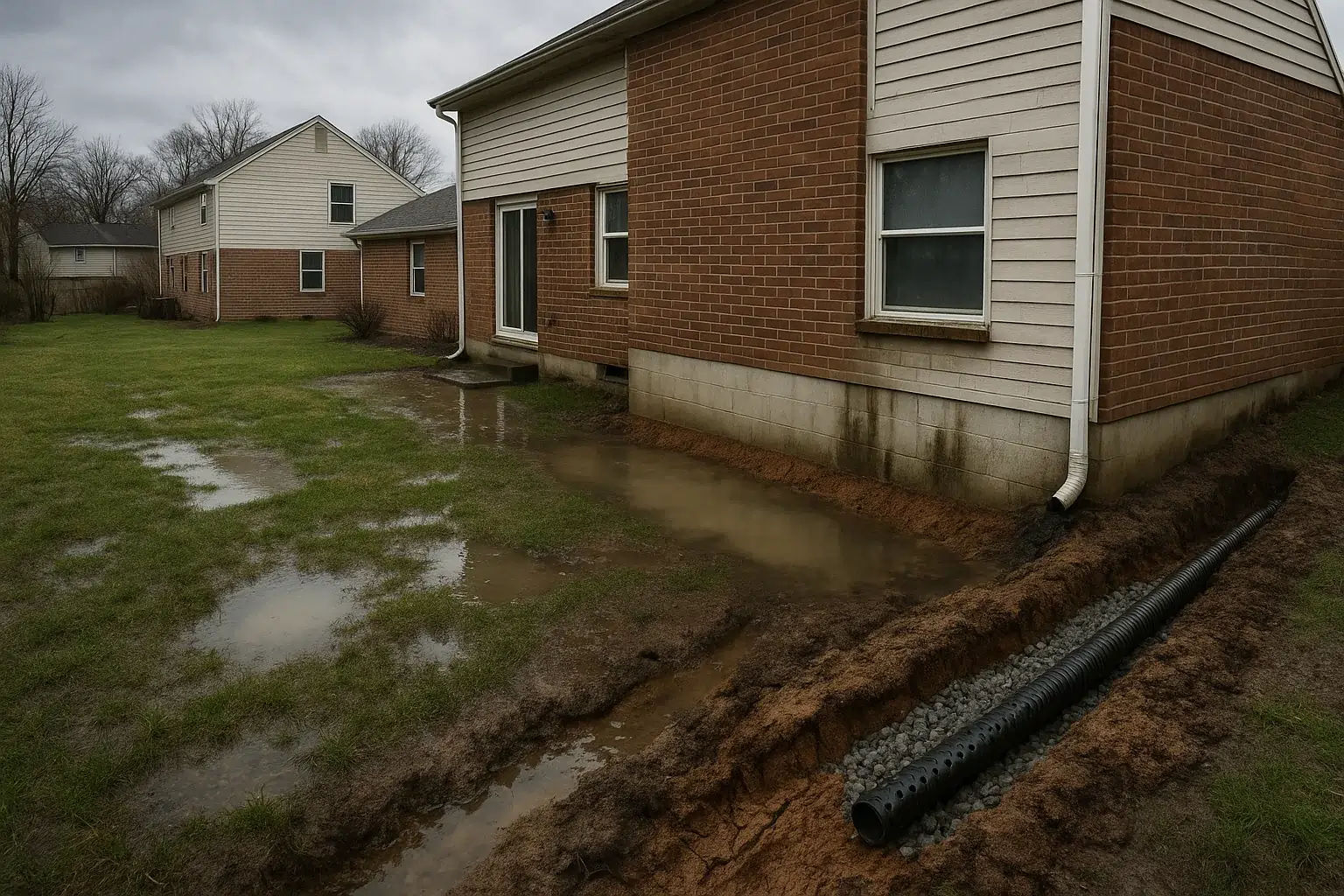 Water pooling in a Cincinnati yard due to poor drainage conditions