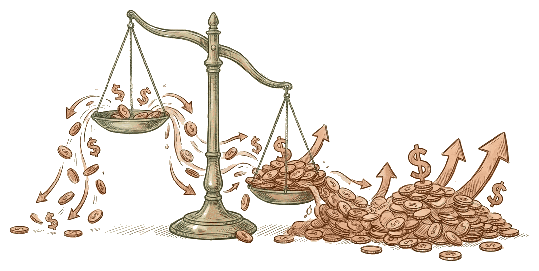 A balance scale: on the left, a small pile of coins representing the publisher earning ~$1 per 1,000 impressions; on the right, a mountain of coins and rising arrows representing advertisers earning $7–10+.