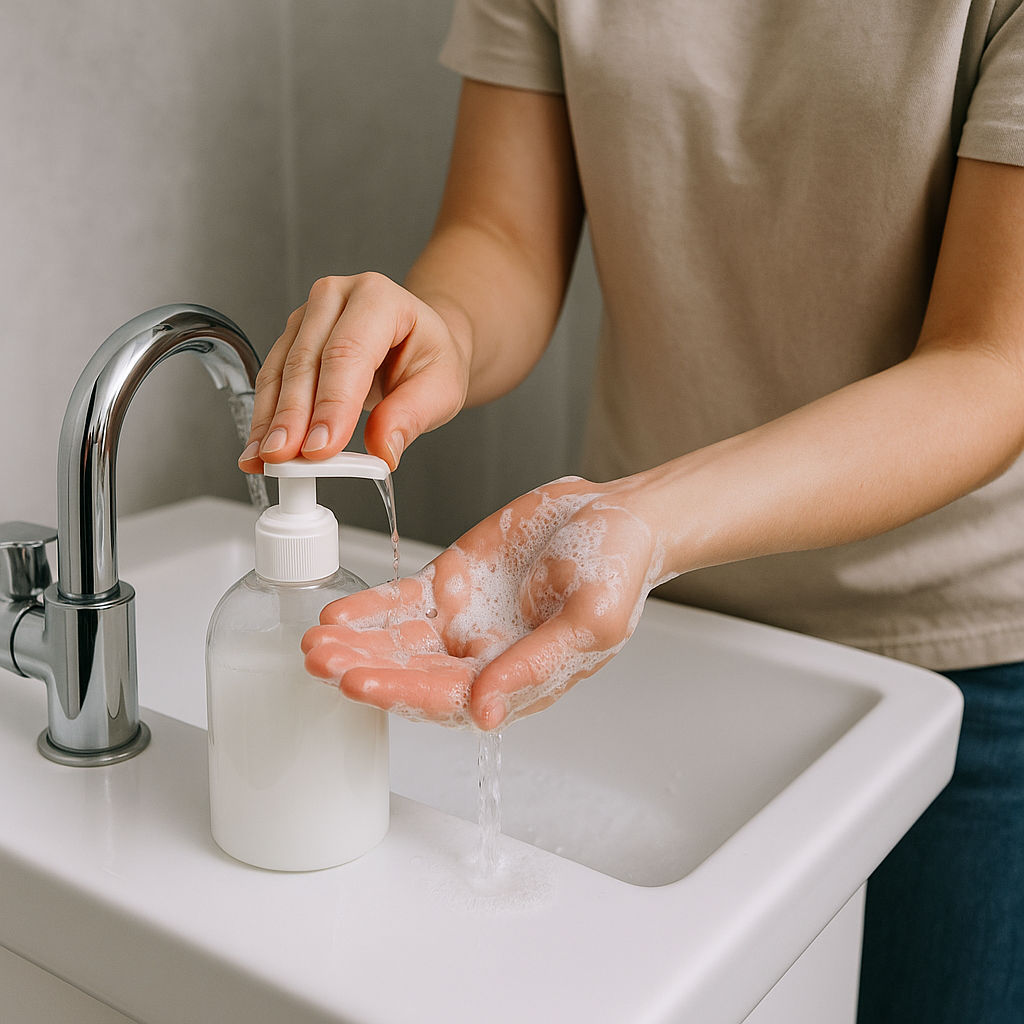 Persona lavándose las manos con jabón líquido