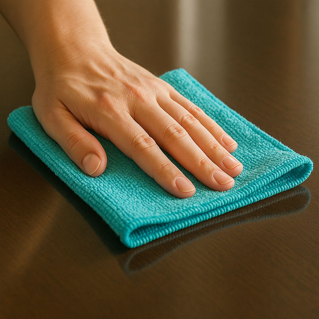 Mano limpiando superficie brillante