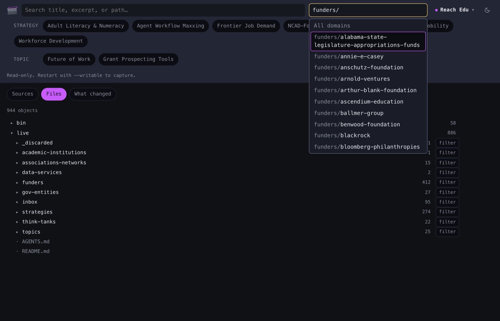 The Files tab showing the corpus as a folder tree: bin collapsed with 58 objects, live open with 886, and category folders beneath carrying counts of every file at any depth