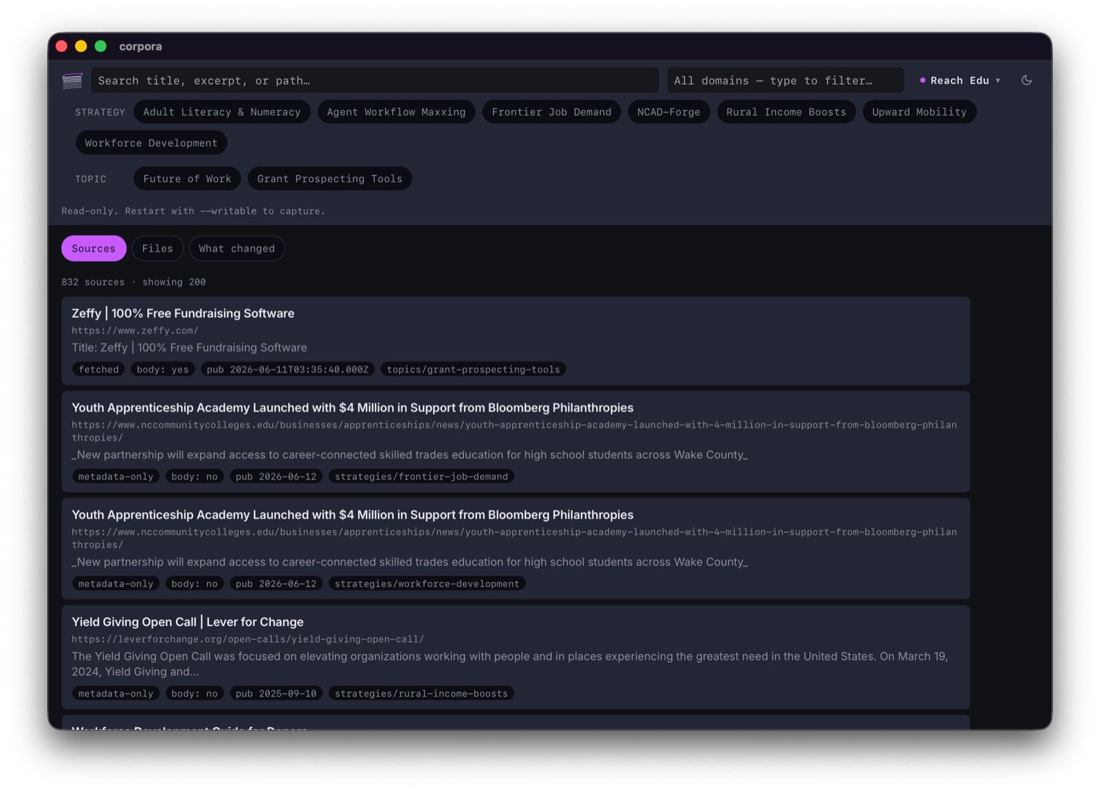 The corpora window in dark mode: a leaning paper-stack mark where the wordmark was, search and domain filter across the header, a Reach Edu dropdown and moon icon top right, strategy and topic chips grouped by type, and a list of 832 sources
