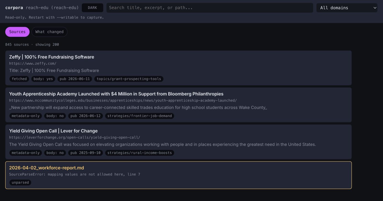 The corpora source browser in dark mode: near-black page, monospace chrome, an electric-magenta Sources pill, bordered cards holding source titles in Inter with rows of chips beneath, and one amber-outlined card for a file that would not parse