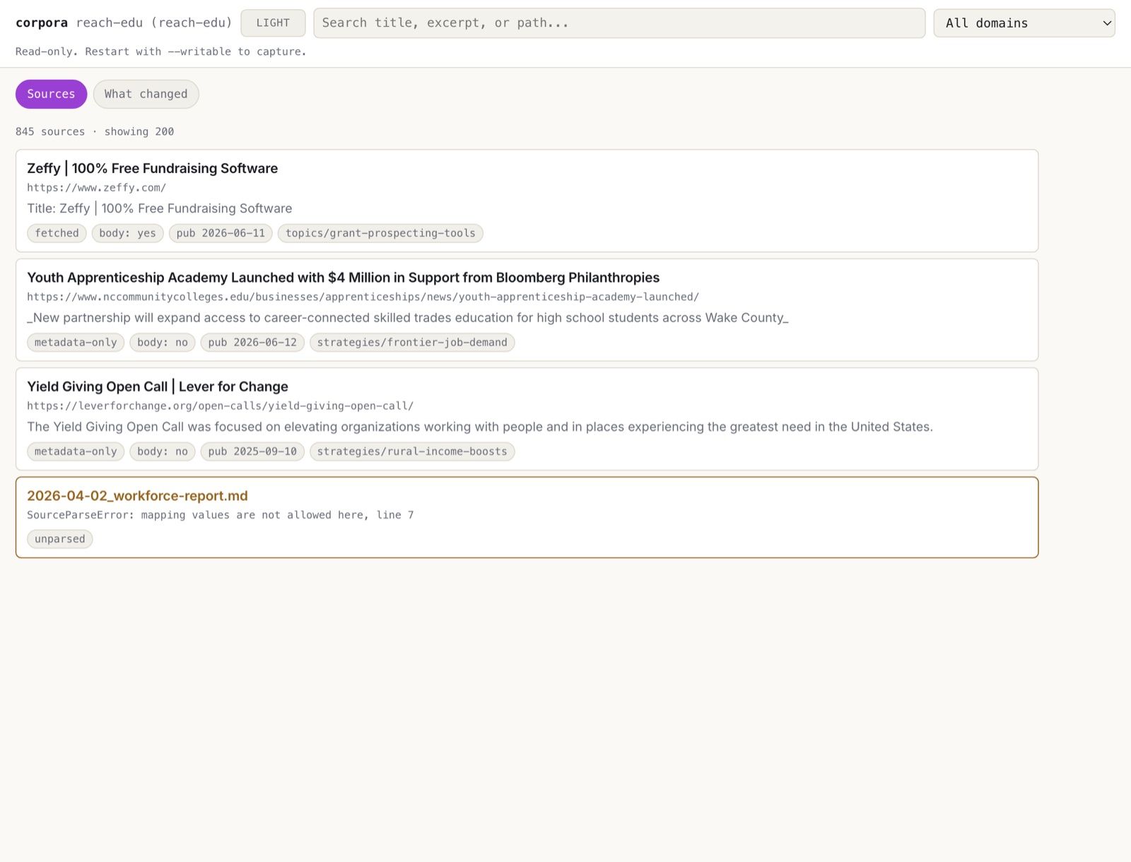 The same browser in light mode: warm paper background, deep-violet Sources pill, white cards with visible borders, and the same amber-outlined parse-error card