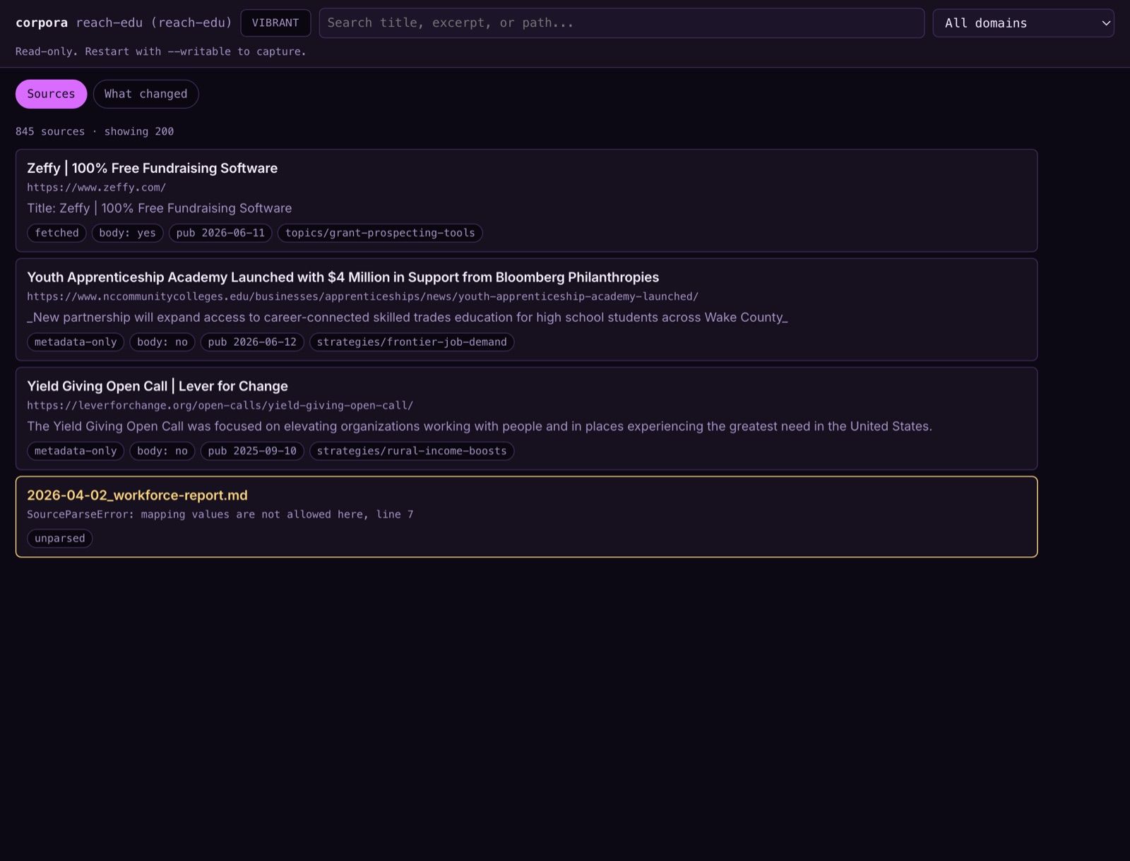 The same browser in vibrant mode: violet-tinted near-black background rather than white, louder magenta pill, and warmer violet card borders, showing that vibrant is dark-based