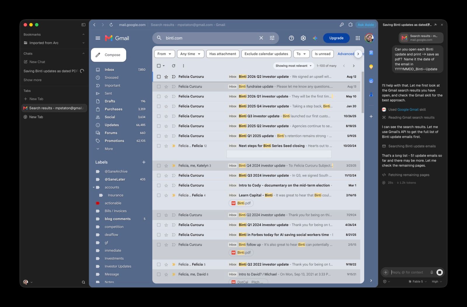 Aside driving Gmail on a search for binti.com: a long results list of quarterly investor updates from founder Felicia Curcuru going back to 2015, with Aside's agent panel on the right showing the typed instruction to save each update as a date-named PDF and its progress note reading 'That's a long list - 51 update emails so far and there may be more'