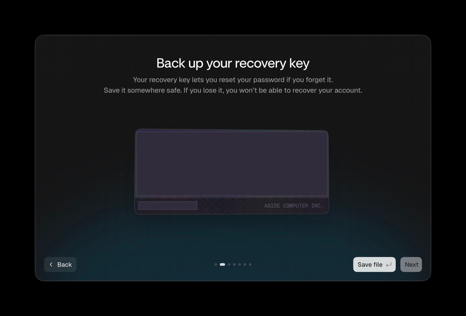 Aside onboarding step titled 'Back up your recovery key', explaining that the key lets you reset your password and cannot be recovered if lost, with the twelve-word phrase and key identifier redacted