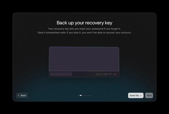 Aside onboarding step titled 'Back up your recovery key', explaining that the key lets you reset your password and cannot be recovered if lost, with the twelve-word phrase and key identifier redacted
