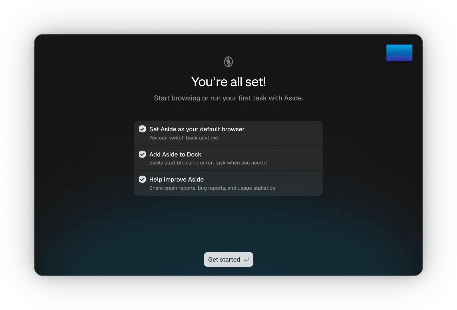 Aside's final setup screen, 'You're all set!', with three checked options: set Aside as default browser, add Aside to Dock, and share crash and usage statistics