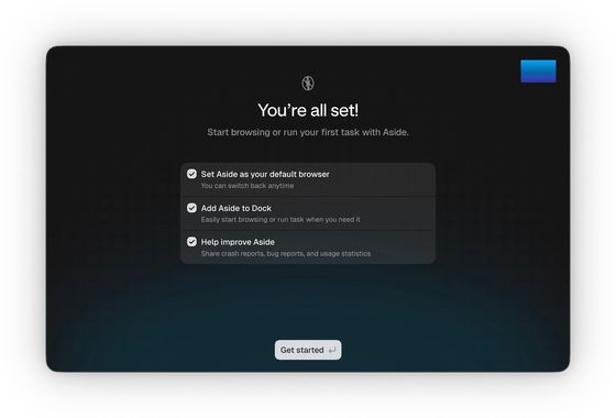 Aside's final setup screen, 'You're all set!', with three checked options: set Aside as default browser, add Aside to Dock, and share crash and usage statistics