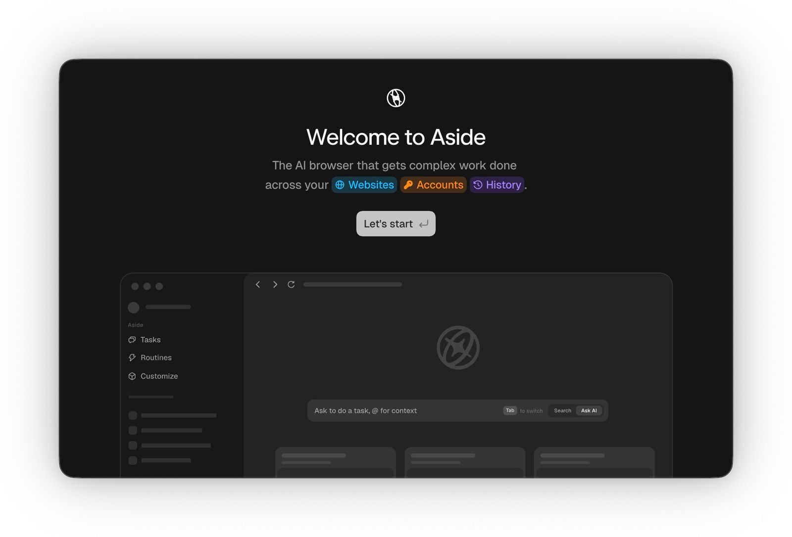Aside's first-run welcome screen, headlined 'The AI browser that gets complex work done across your Websites, Accounts, History', with a preview of the sidebar showing Tasks, Routines and Customize