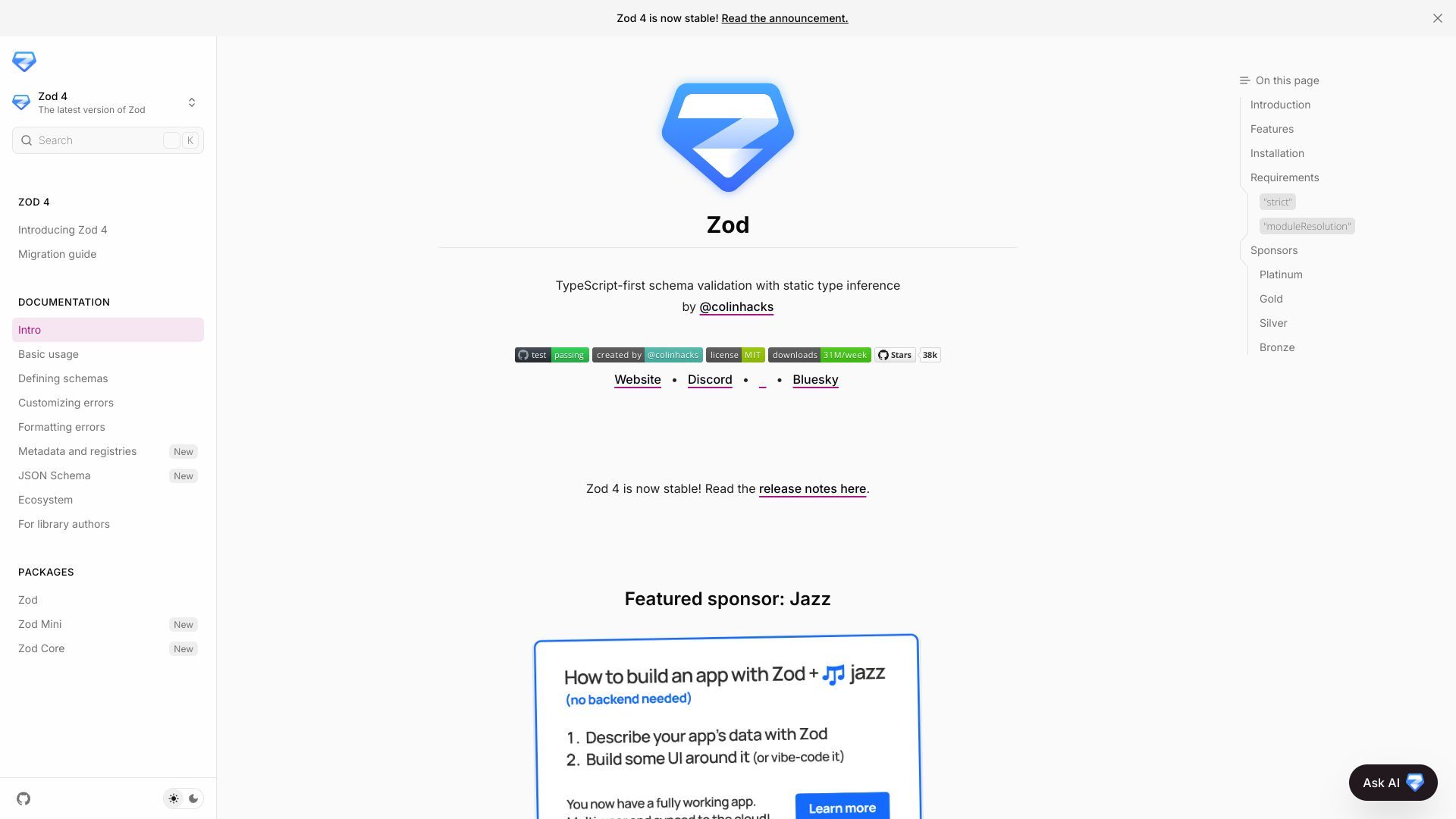 TypeScript-first schema validation with static type inference