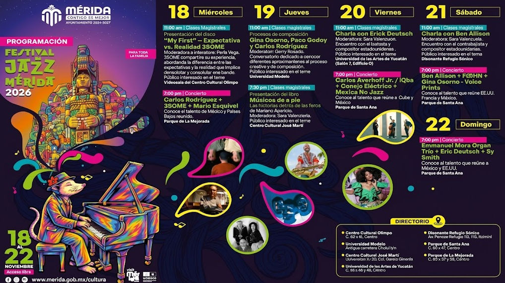 Cartelera y Programación Festival de Jazz en Mérida Noviembre 2026 Programación oficial del Festival de Jazz Mérida noviembre 2026 con cartelera de conciertos del 18 al 22