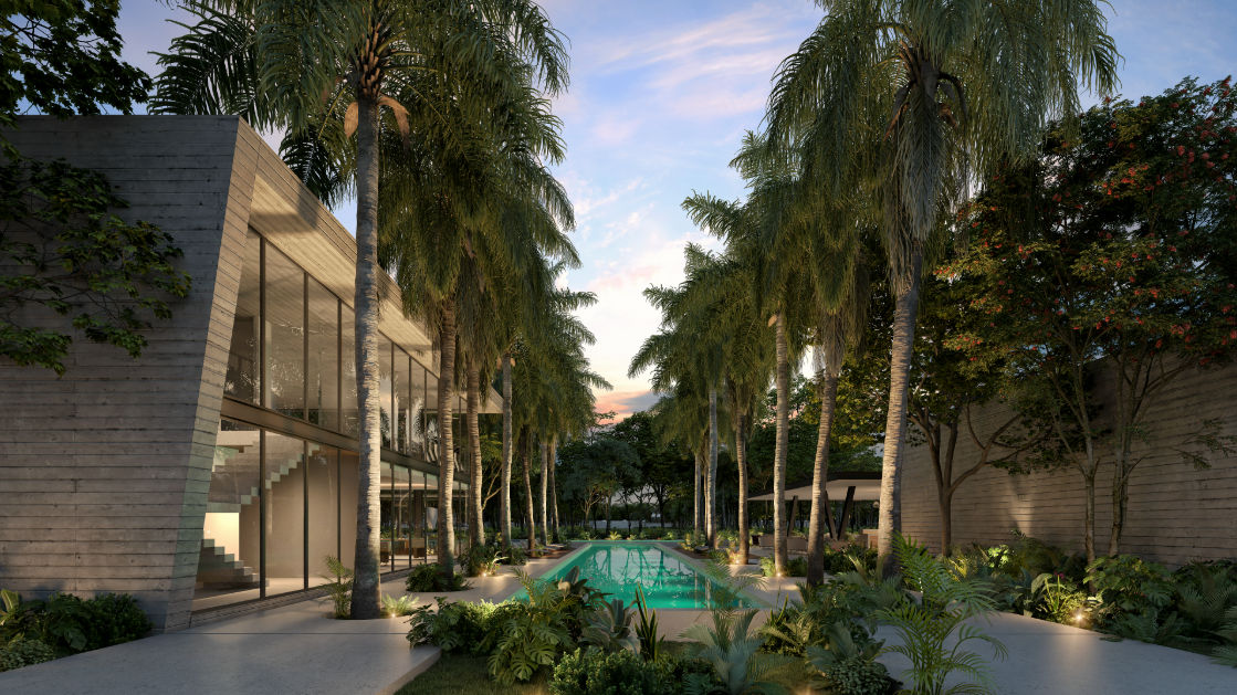 Amenidades exclusivas de Mahal en venta - Itzimna Real Estate Casa club y alberca con palmeras en el desarrollo inmobiliario Mahal en Yucatán