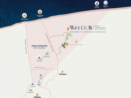 Ubicación estratégica de Wayúum Gran Comunidad Residencial en Mérida Yucatán Mapa de ubicación de Wayúum en la Zona Diamante entre Mérida Conkal y Chicxulub Puerto