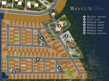 Plano de lotes en venta y amenidades de Wayúum Gran Comunidad Residencial Master plan y distribución de lotes residenciales con casa club y parques en Wayúum Mérida