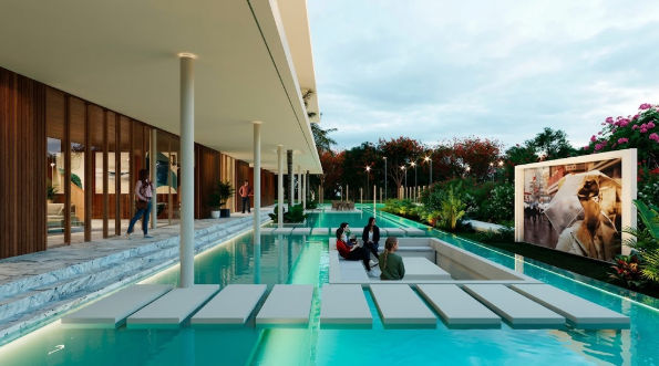 San Roque Residencial amenidades de cine exterior y terraza Cine al aire libre y sala lounge sobre el agua en la casa club de San Roque Residencial
