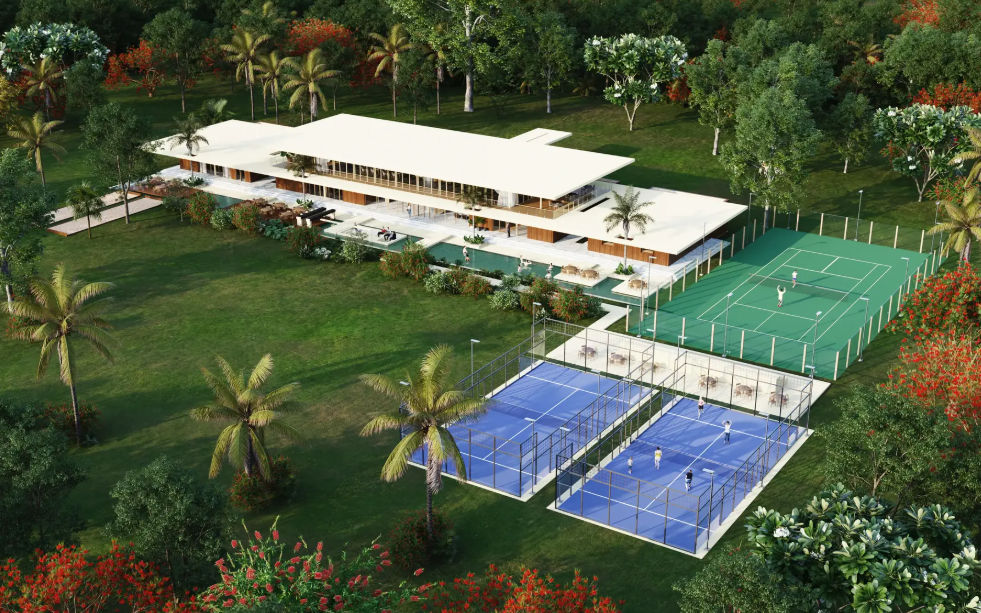 San Roque Residencial amenidades casa club y canchas deportivas Casa club de San Roque Residencial con alberca, canchas de padel, tenis y areas verdes en Merida