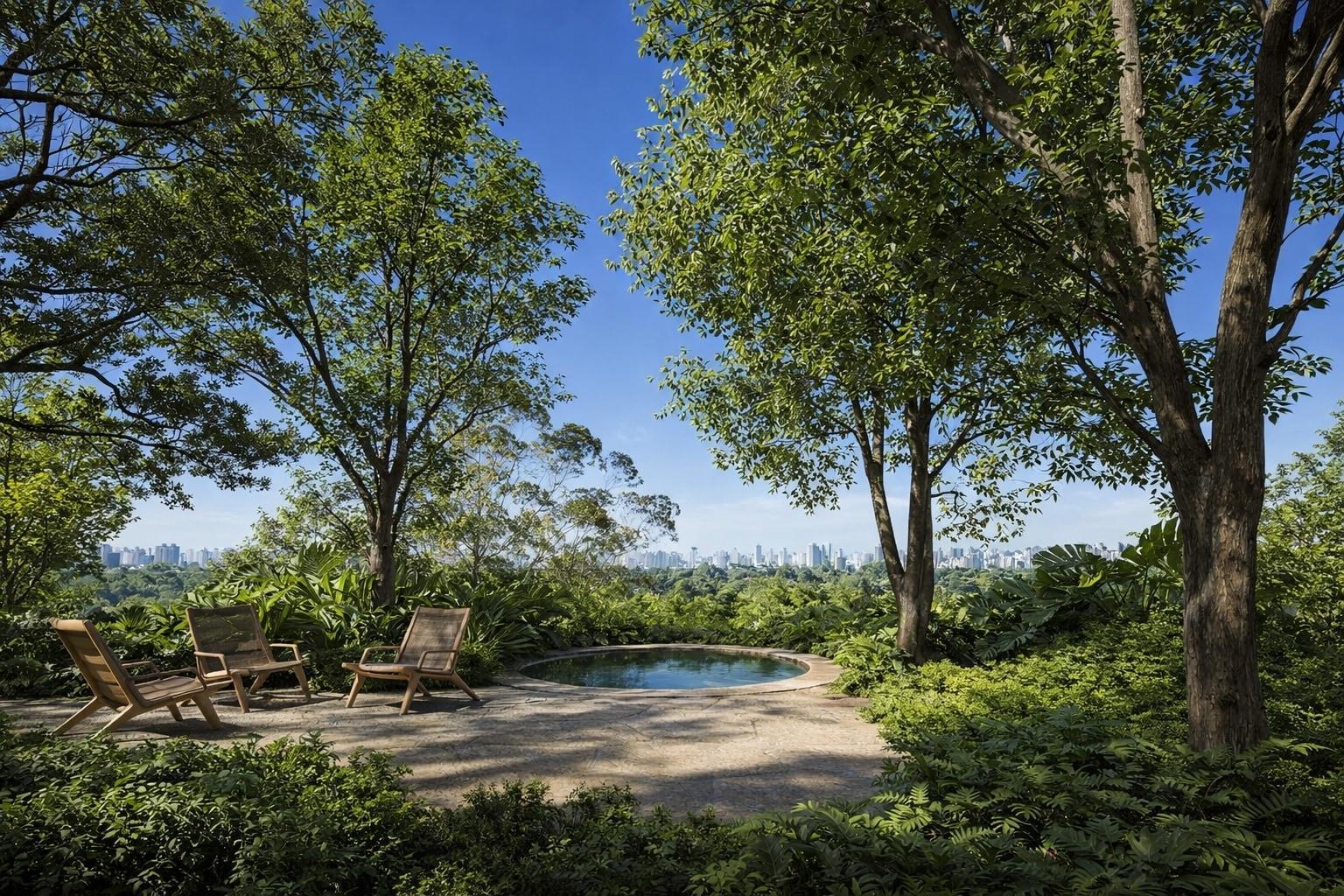 Área externa do Pinna 5109 com vegetação e arquitetura
