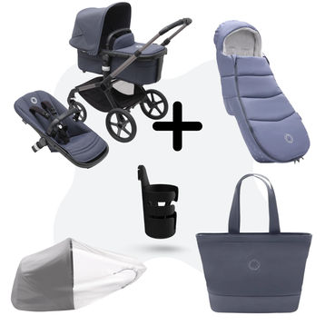 Bugaboo Fox 3 bassinet and seat stroller graphite base, stormy blue  fabrics, stormy blue sun canopy