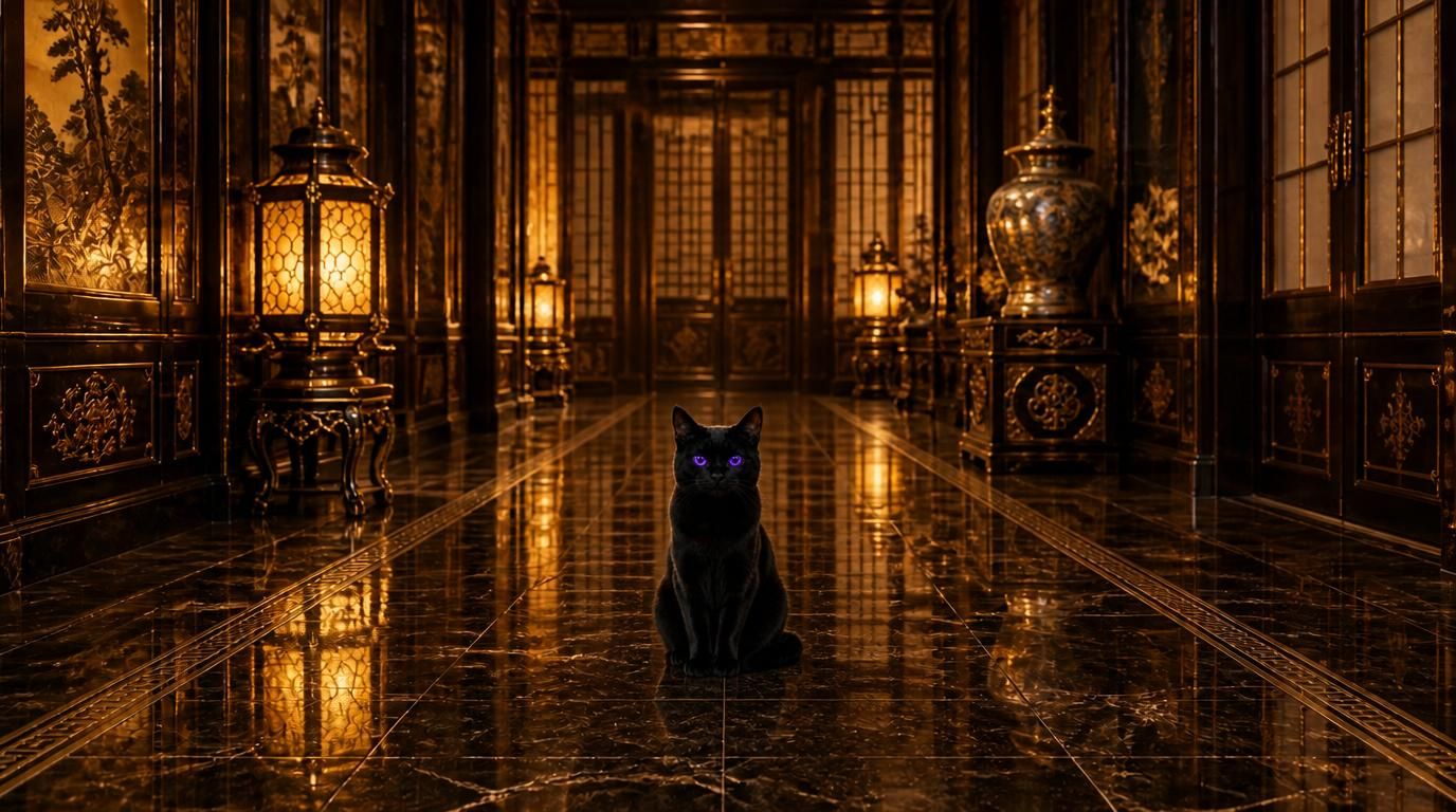 Mu, small and black and still, waiting in the palace corridor