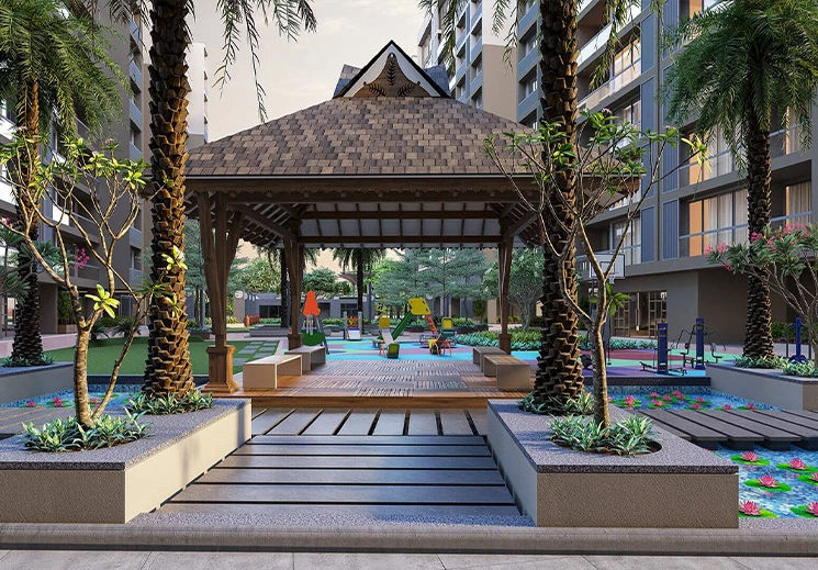 Gazebo surrounded by lily pond