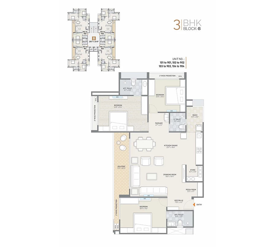 3 BHK Unit Floor Plan Block B