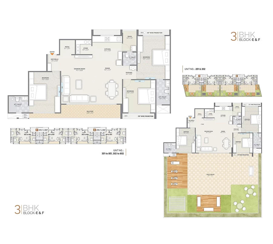 3 BHK Unit Floor Plan Block E & F