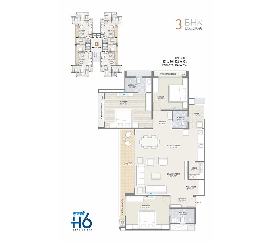3 BHK Unit Floor Plan Block A