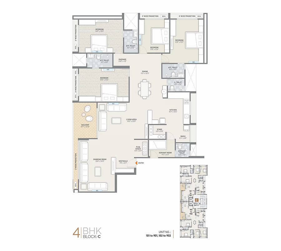4 BHK Unit Floor Plan Block C