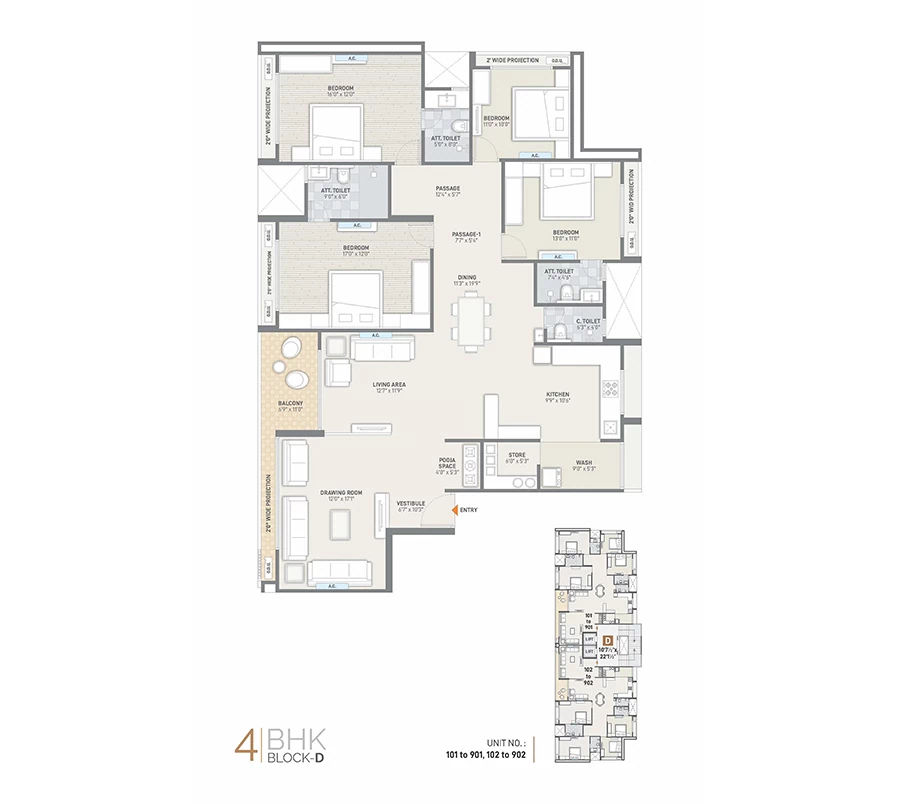 4 BHK Unit Floor Plan Block D