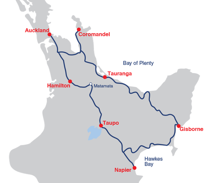 map of a campervan route from Auckland