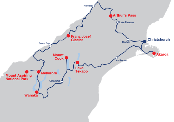 map that describes a campervan itinerary from Christchurch