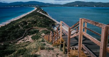 View of island from atop a boardwalk