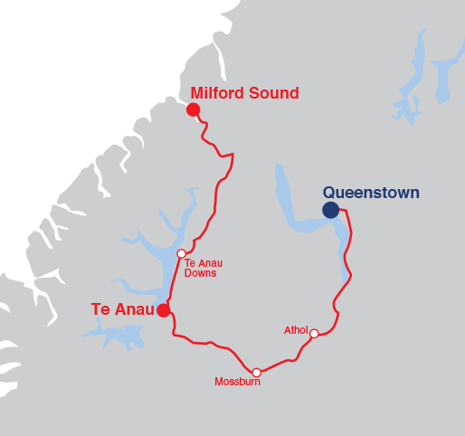 map of QUeenstown to Milford sound route