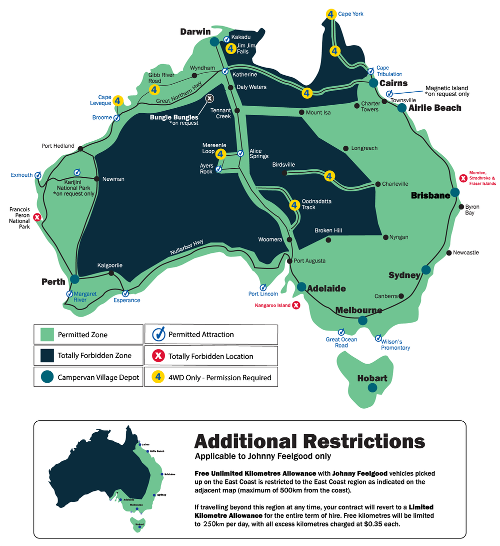 Map of australia showing permitted and prohibited areas for campervan travel